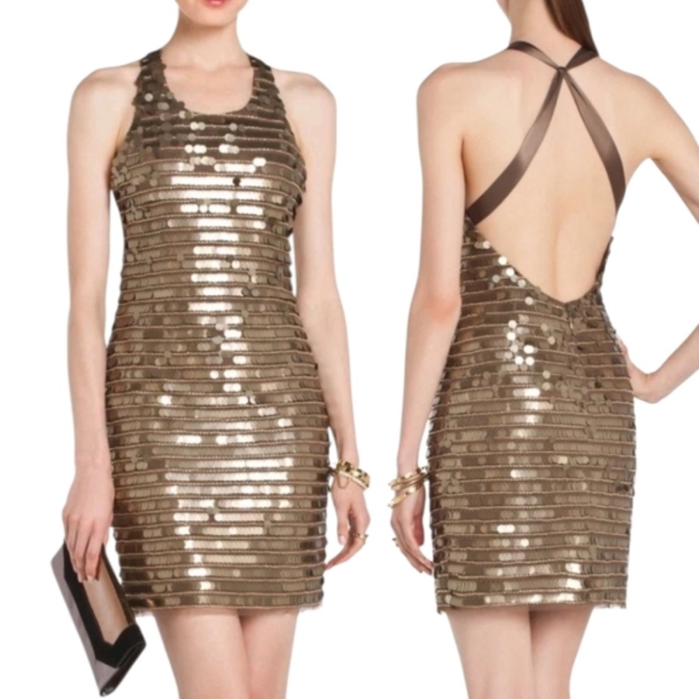 NWOT! BCBG Max Azria Iman Bronze Sequin Paillet CrissCross Back Dress - Size S